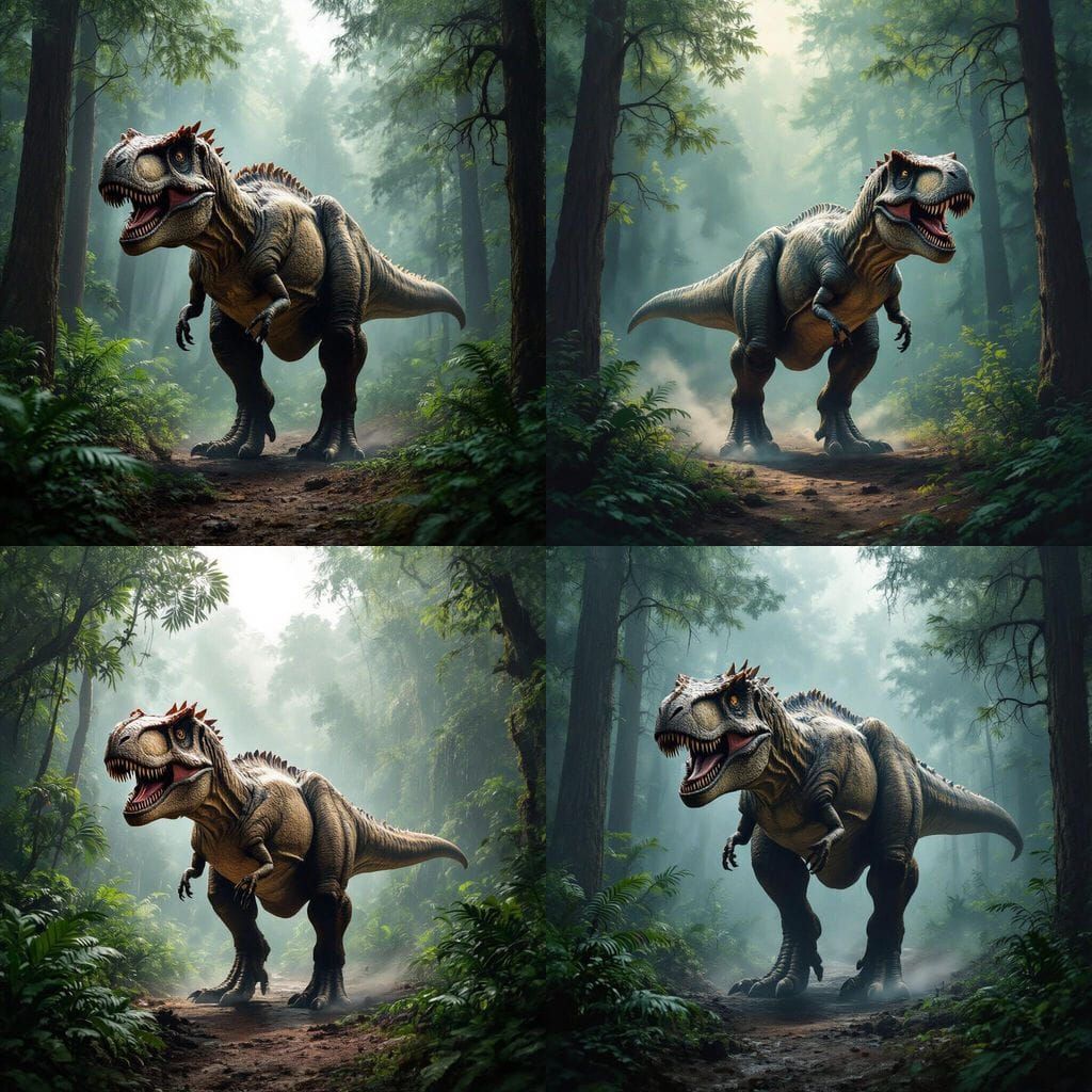 T-Rex Walking Through Dense Forest in Fine Rain