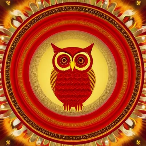 Psychedelic Owl Emblem on Red and Gold Silk Screen