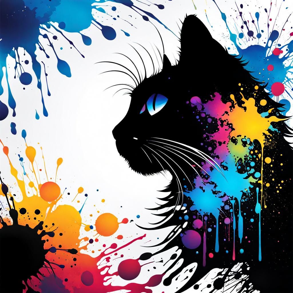 Stylized Cat Silhouette in Colorful Ink Splash Art
