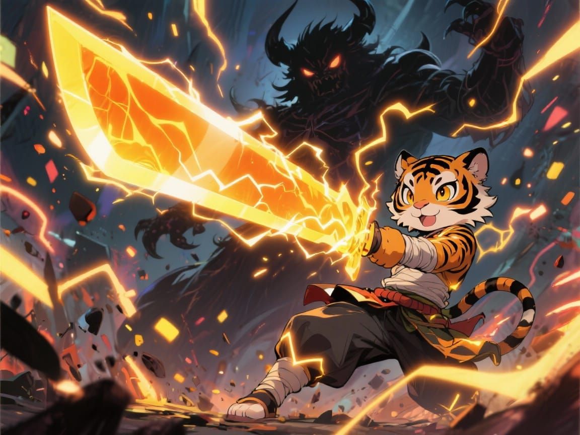 Electric Tiger Ninja Fights Shadow Demon with Energy Sword