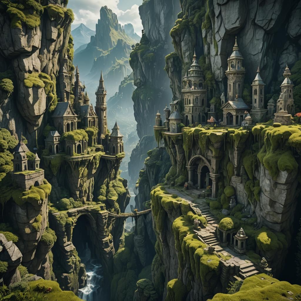 Cliffside Ancient City with Mossy Statues