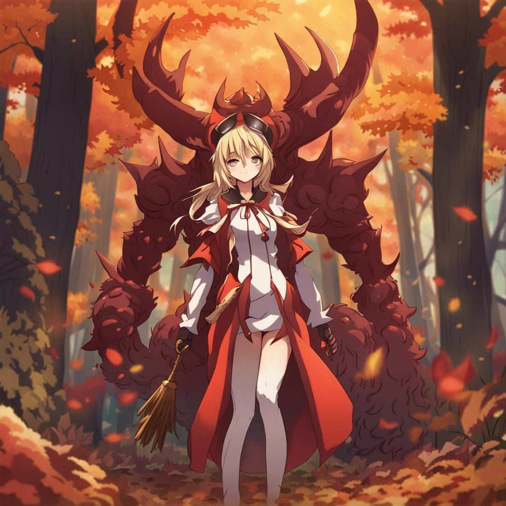 Anime Demon Girl in Autumn Forest