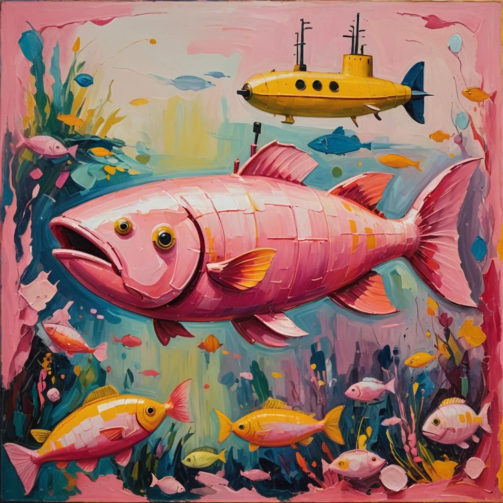 Pink Fish and Submarine in Expressionist Style