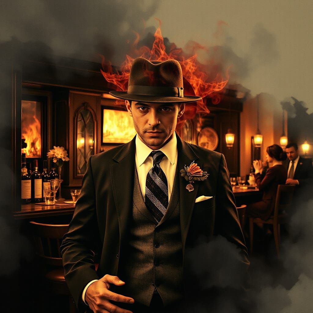 Surreal 1920s Speakeasy Bouncer in Double Exposure Style