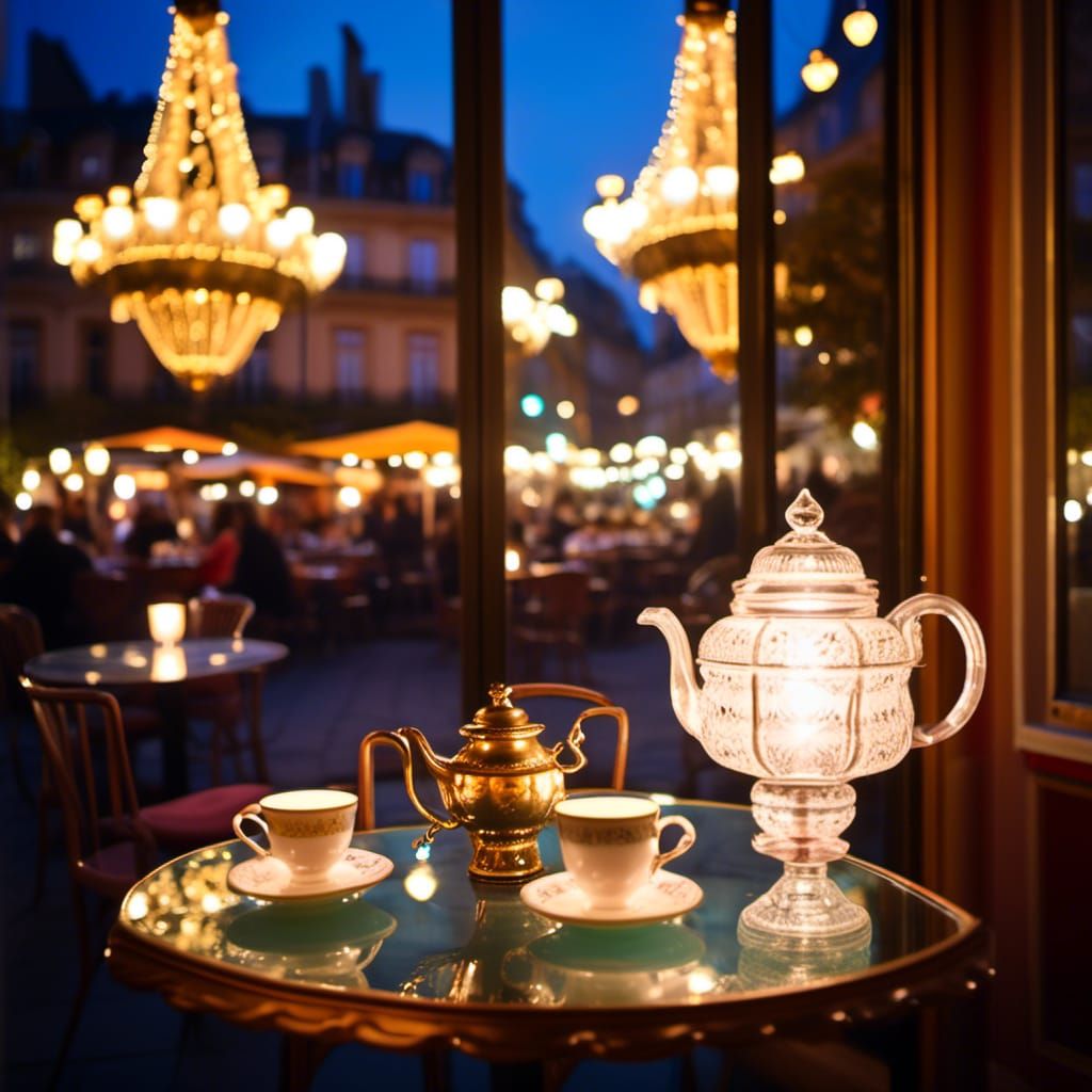Parisian Cafe Interior at Night with Crystal Tea Set