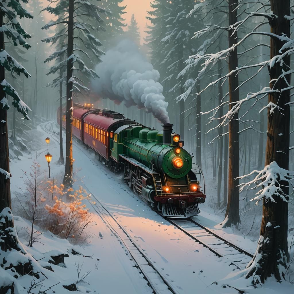 Steam Train Journey Through Winter Forest Concept Art