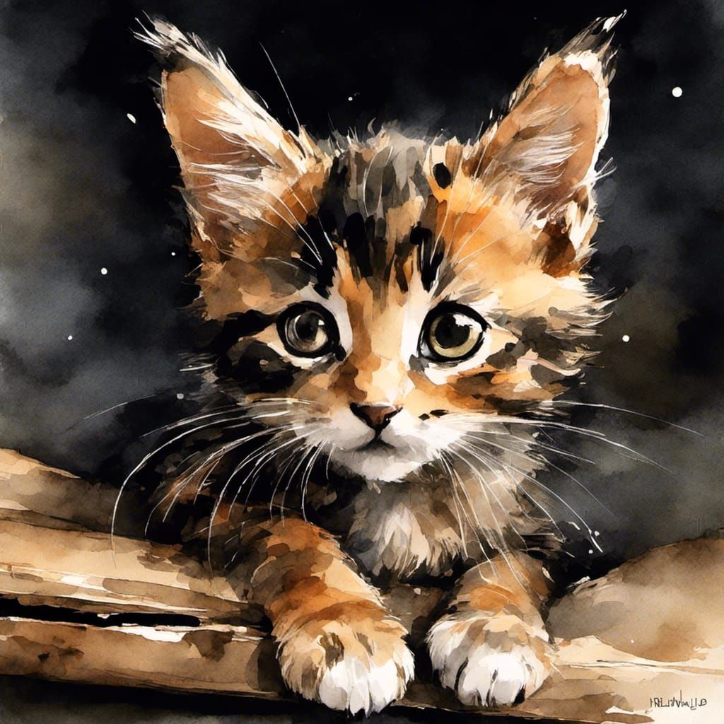 Adorable Kitten About to Pounce, Watercolor Style