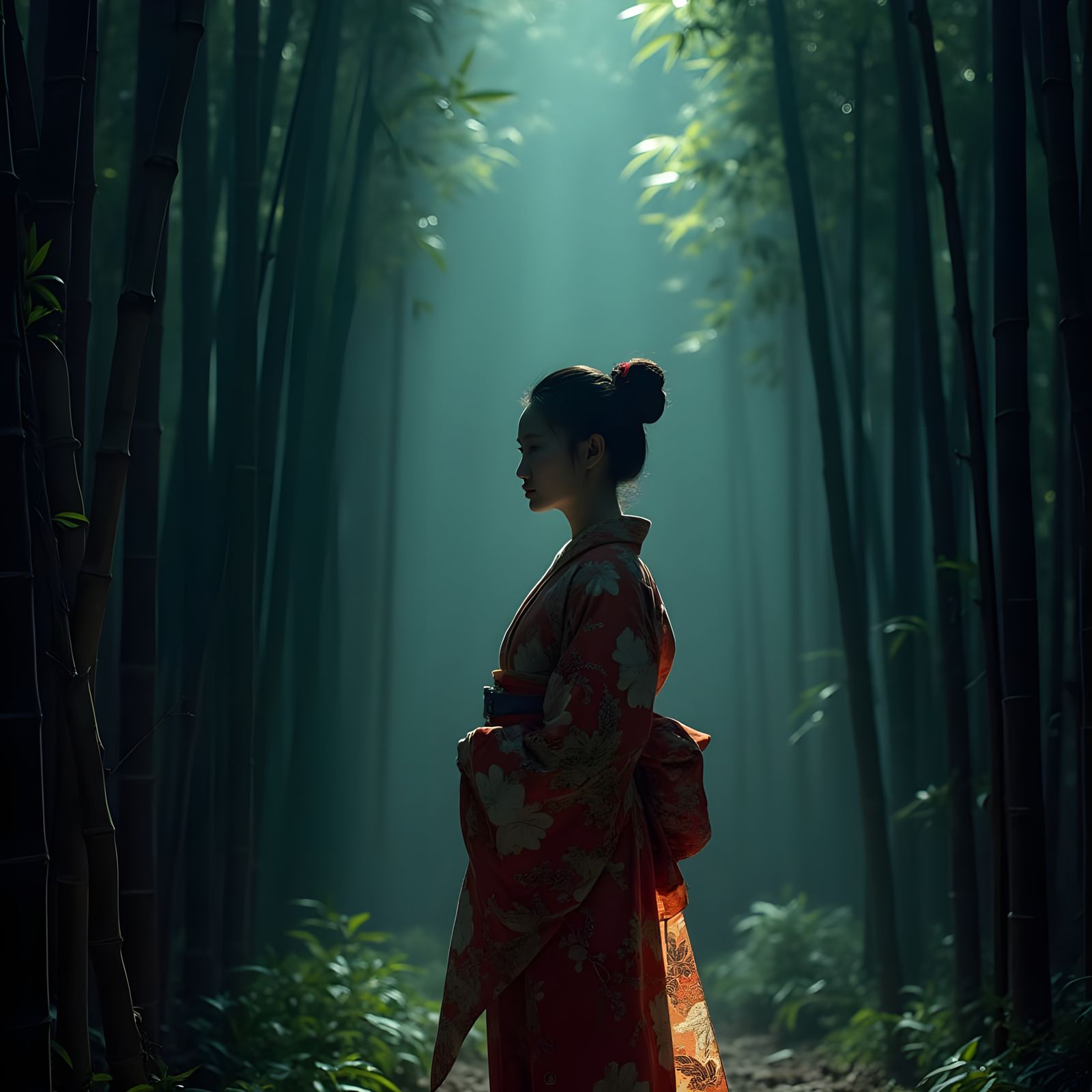 Cinematic Japanese Woman in Dark Bamboo Forest