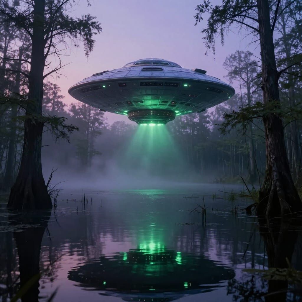 Hyperrealistic UFO Over Ethereal Foggy Swamp