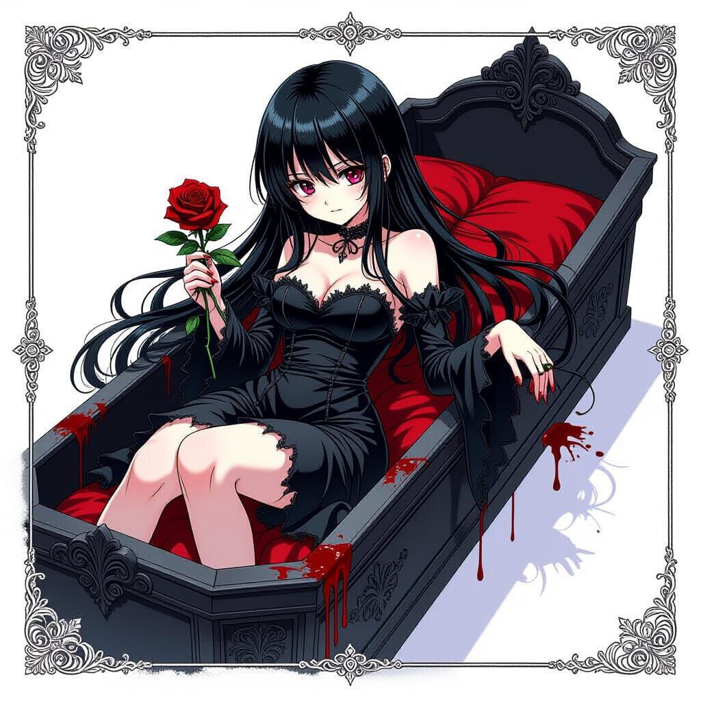 Anime Girl in Coffin with Rose, Gothic Manawah Style