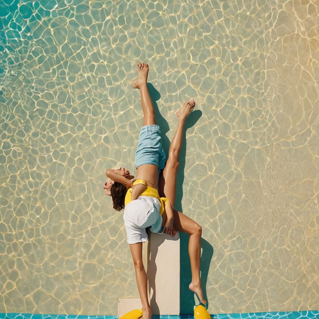 Smiling Woman at Poolside in Matte Painting Style