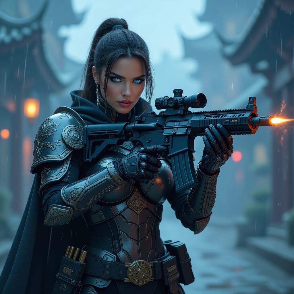 Cyberpunk Warrior Woman in Medieval Storm