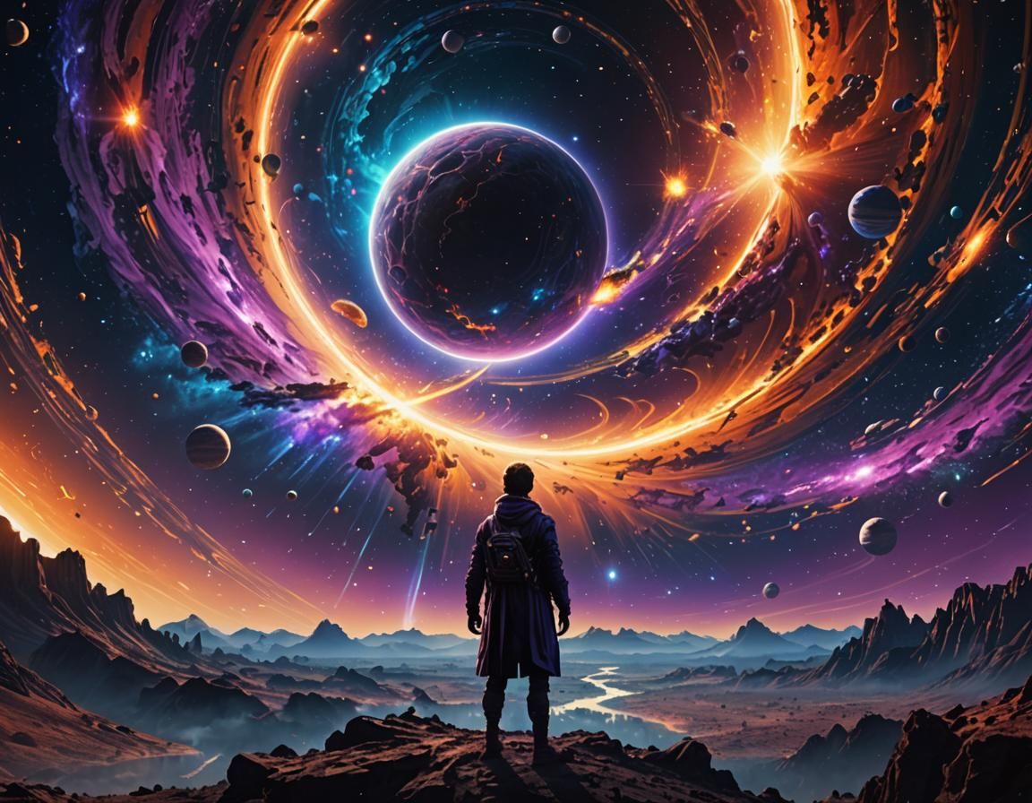 Lone Astronaut in Binary Star System: Digital Matte Painting