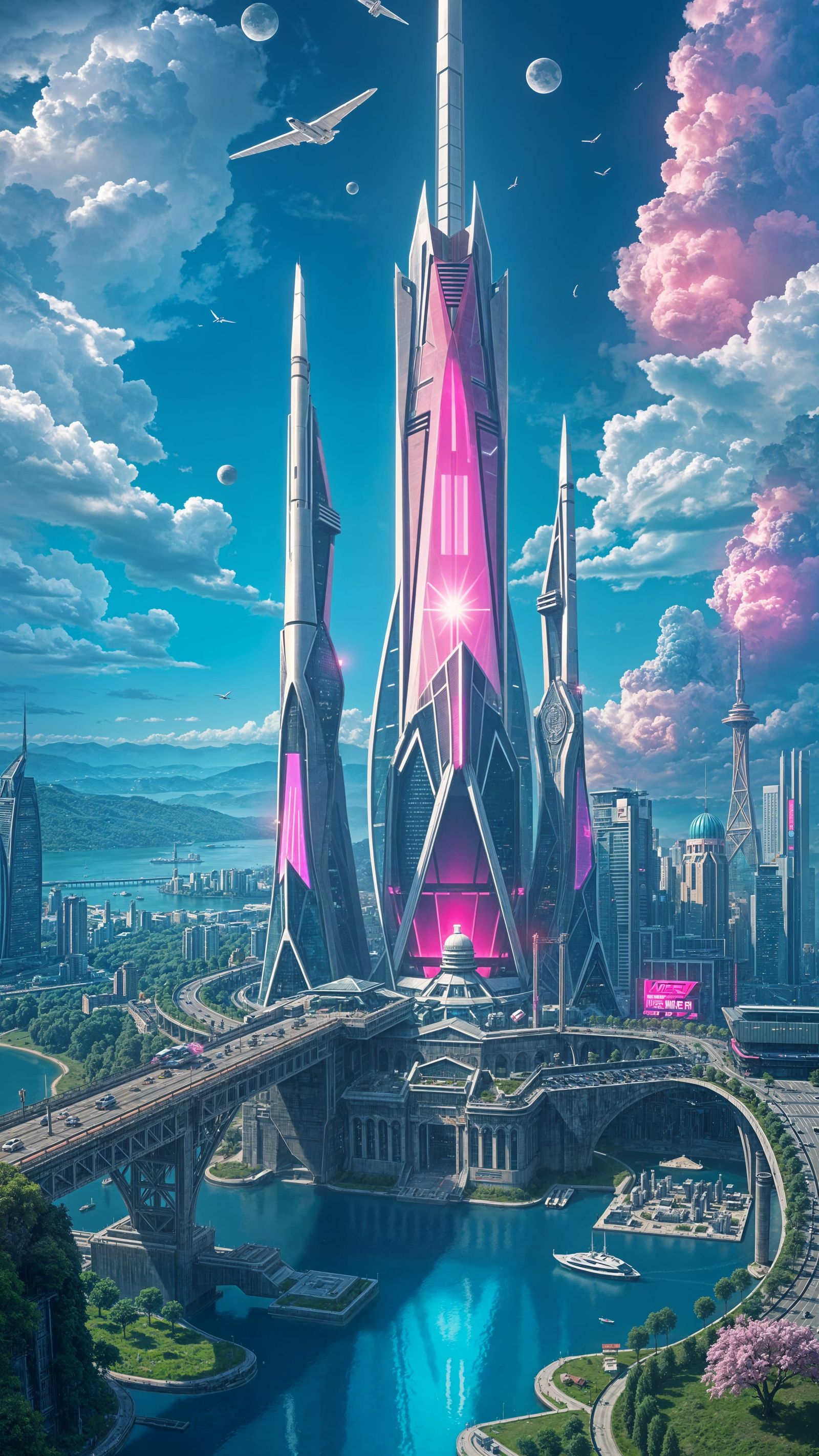 Cyberpunk Metropolis Amidst Breathtaking Natural Scenery