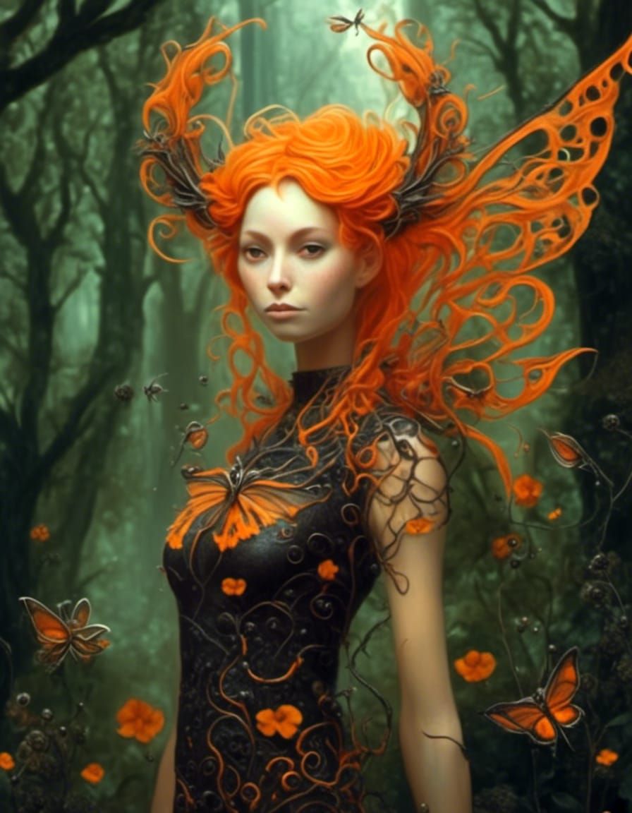 An <lora:Fleur Noir:1.0> orange fairy, orange hair, pointed ...