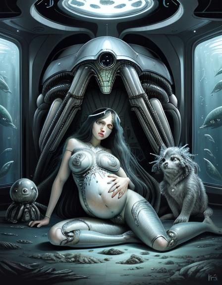 Surreal Underwater Robot Illustration in HR Giger Style