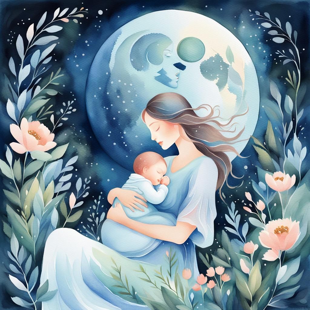 Celestial Mother and Baby in Watercolor Garden