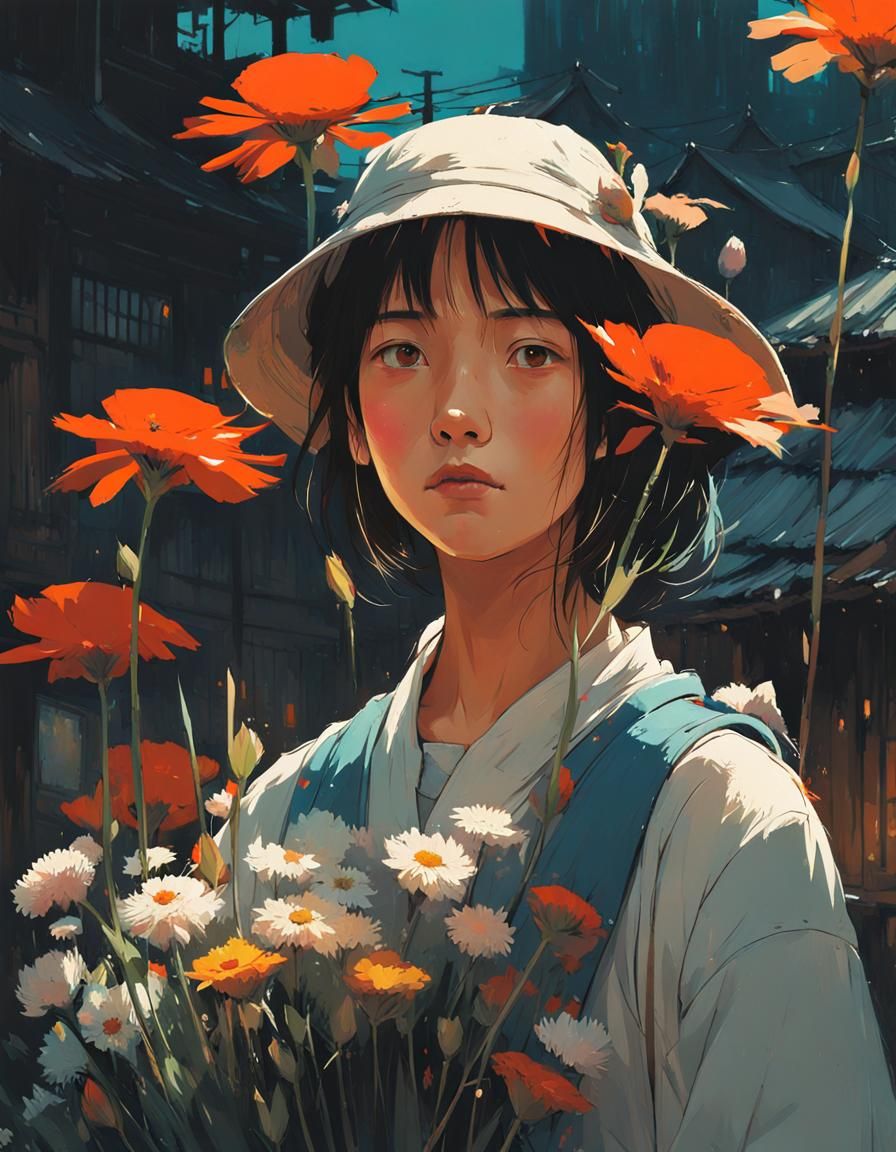 Girl with Flowers Portrait in Studio Ghibli Style