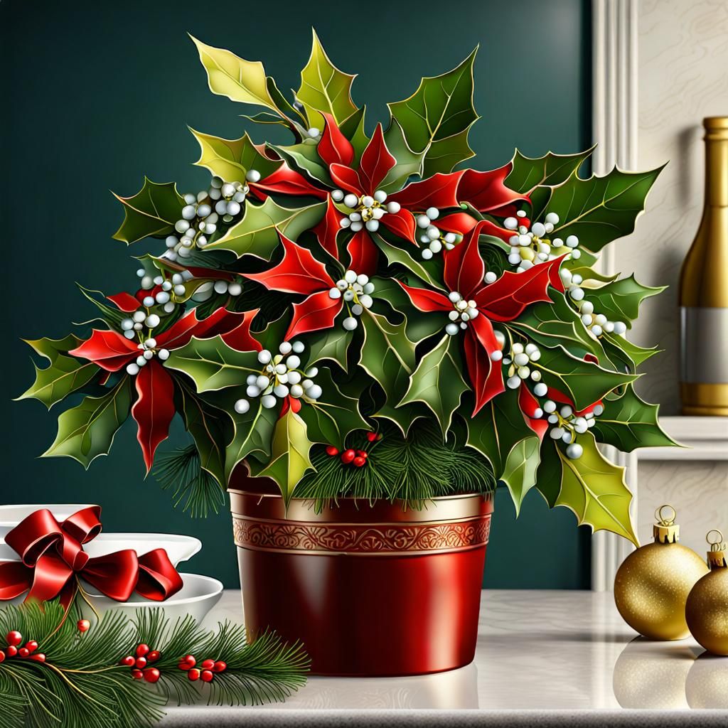 Festive Christmas Poinsettia and Holly Still Life