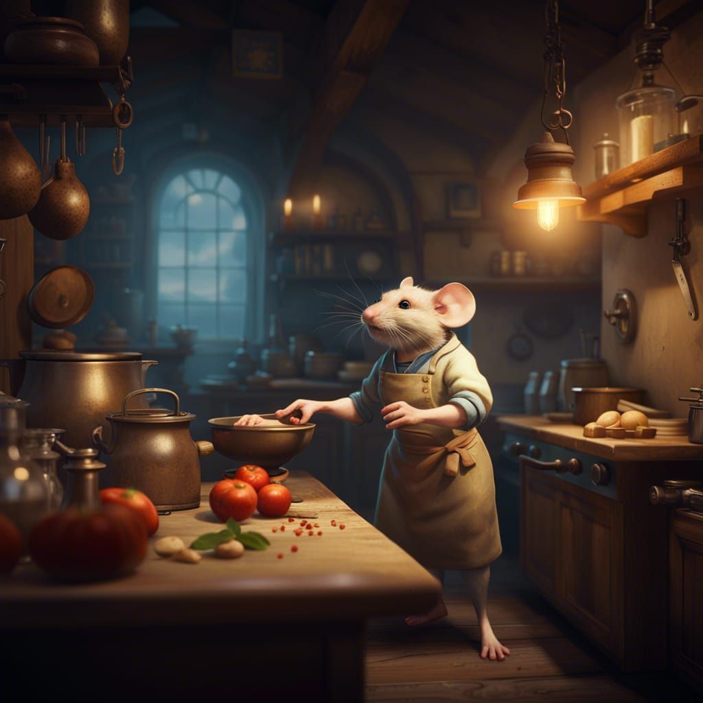 Mouse Chef in Kitchen, Oil Painting Style