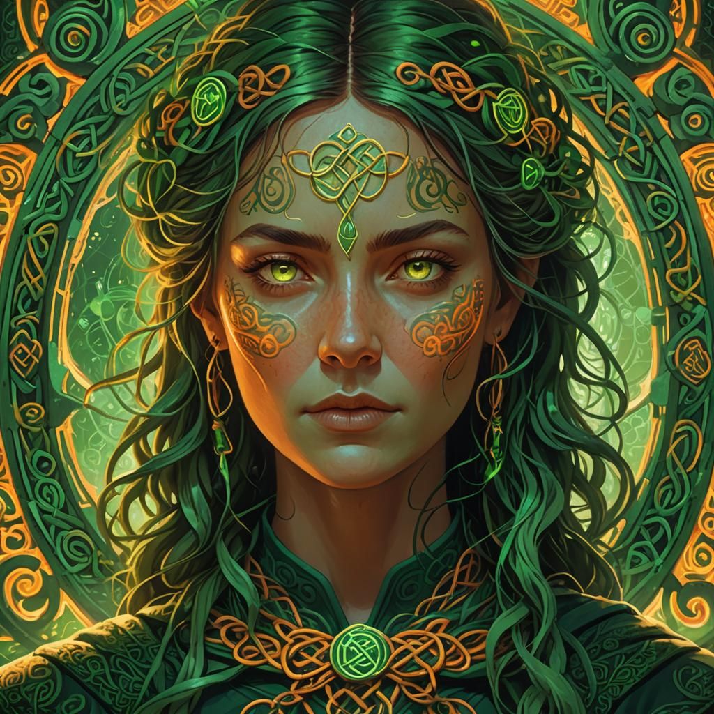 Brigid Surrounded by Glowing Celtic Knots