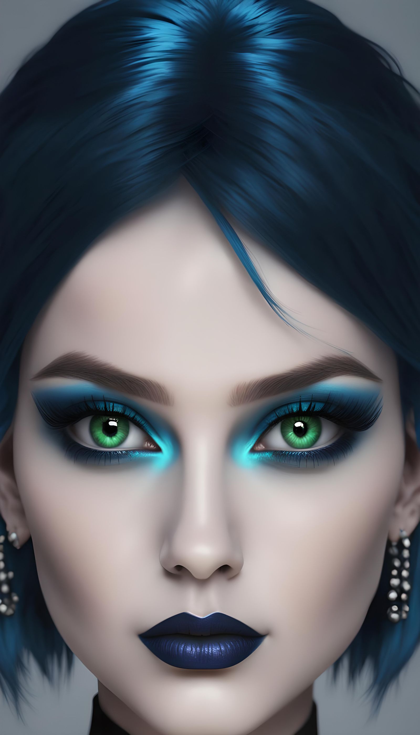 Beautiful gothic young lady with vibrant blue hair and green eyes with cobalt blue eyeshadow with black eyeliner and bla...