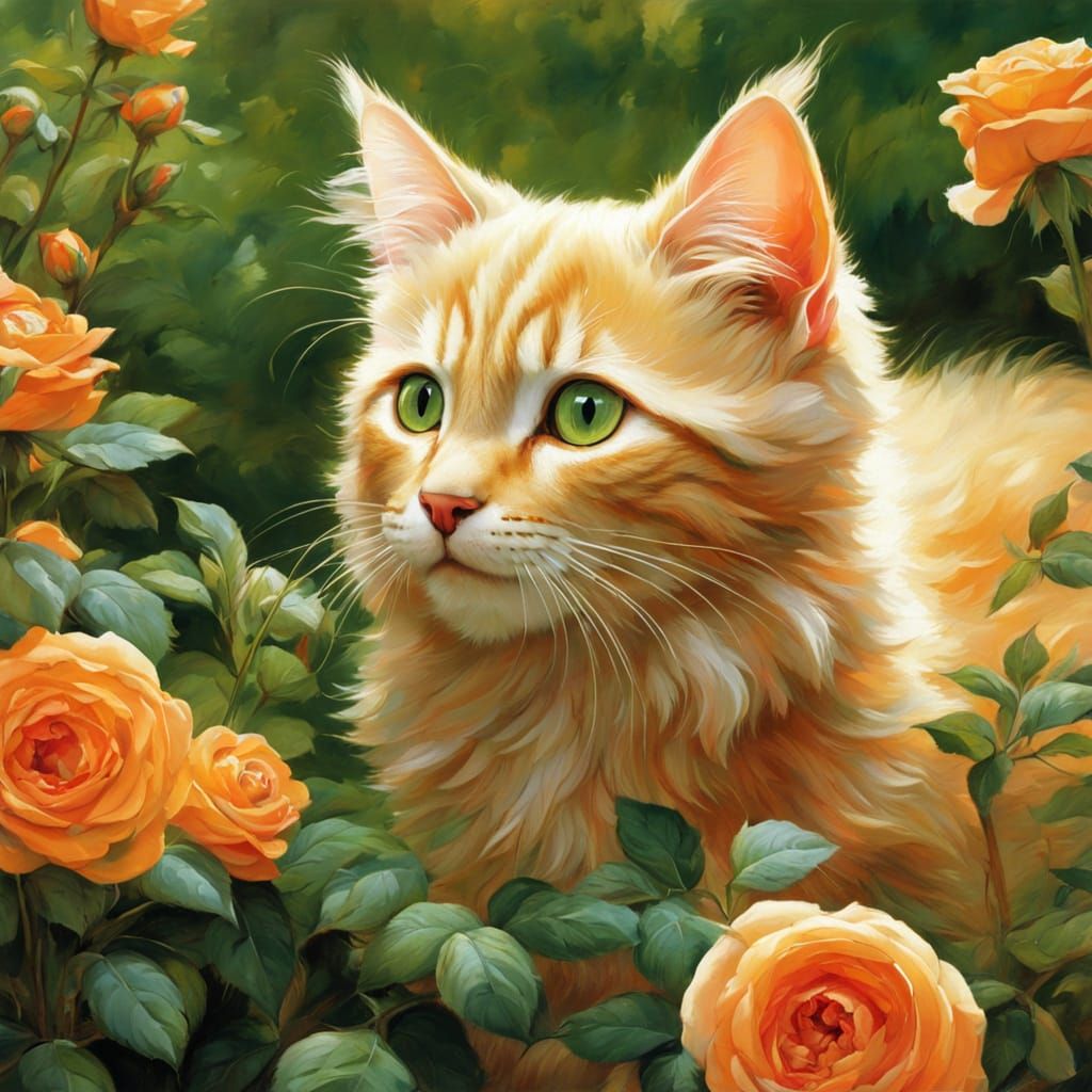 Whimsical Garden Scene with Fluffy Kitten and Vibrant Roses