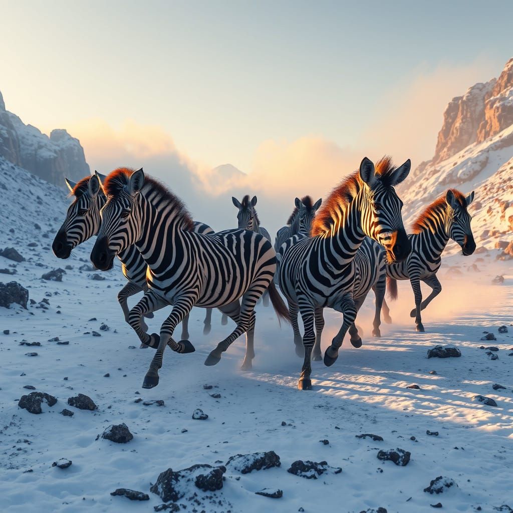 Striding Zebras in a Snowy, Golden-Lit Landscape