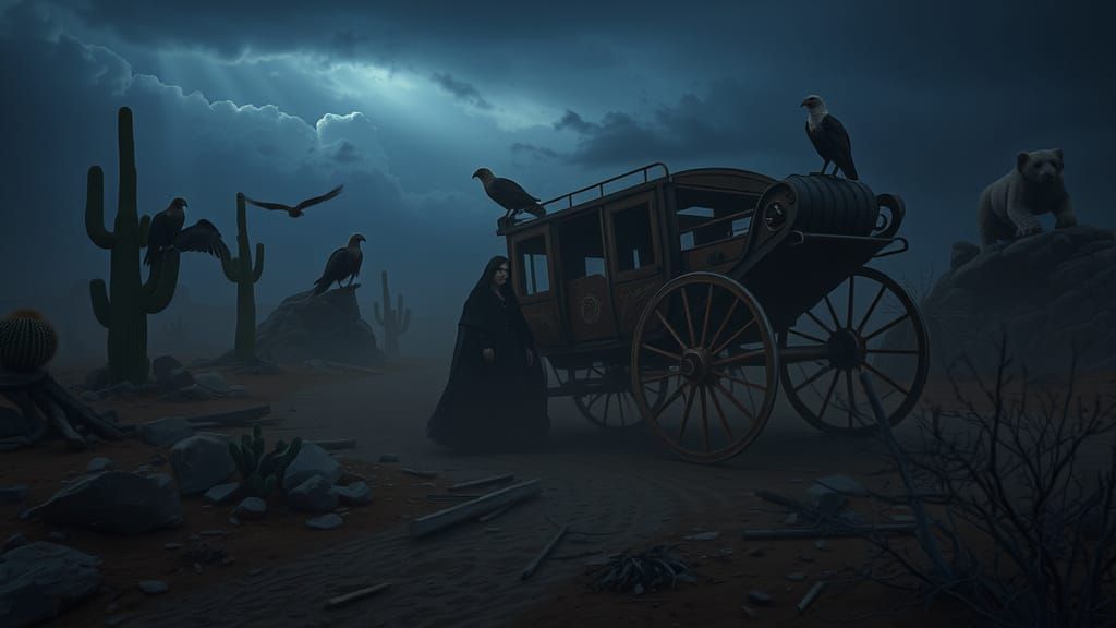 Mysterious Woman Amidst Abandoned Stagecoach Ruins