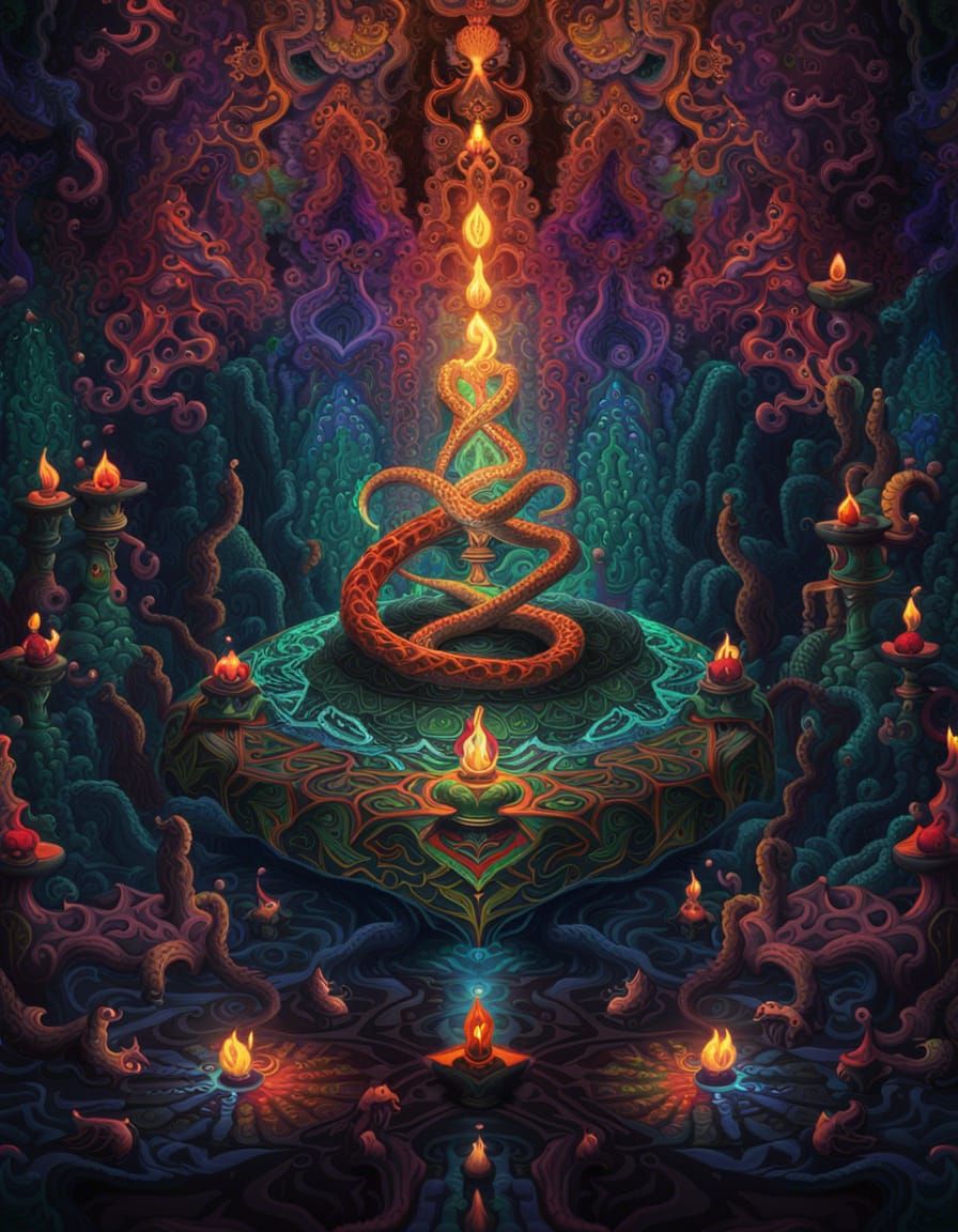A ritual fire and psychedelic chakra in the centre with snakes and wines in a dark fantasy world, in a psychedelic/fract...