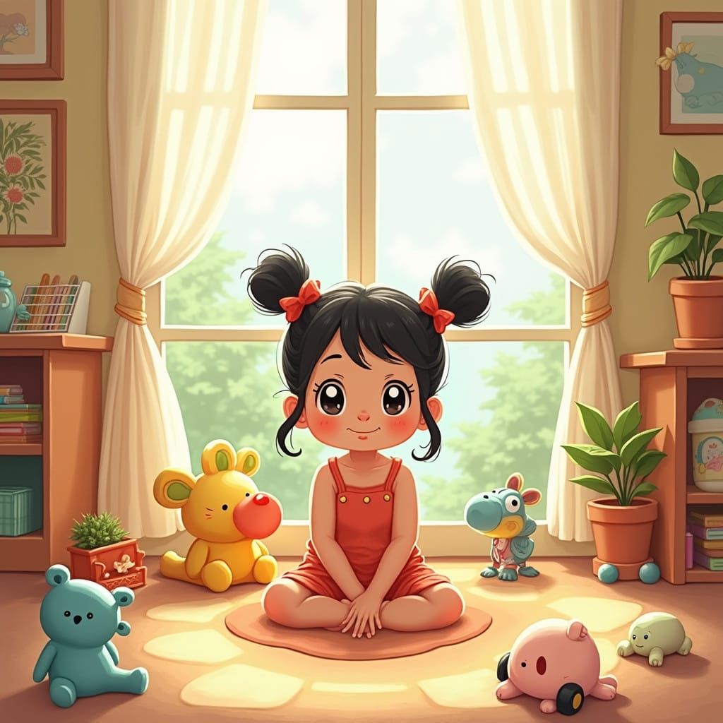 Whimsical Girl Plays with Toys in Sunny Room