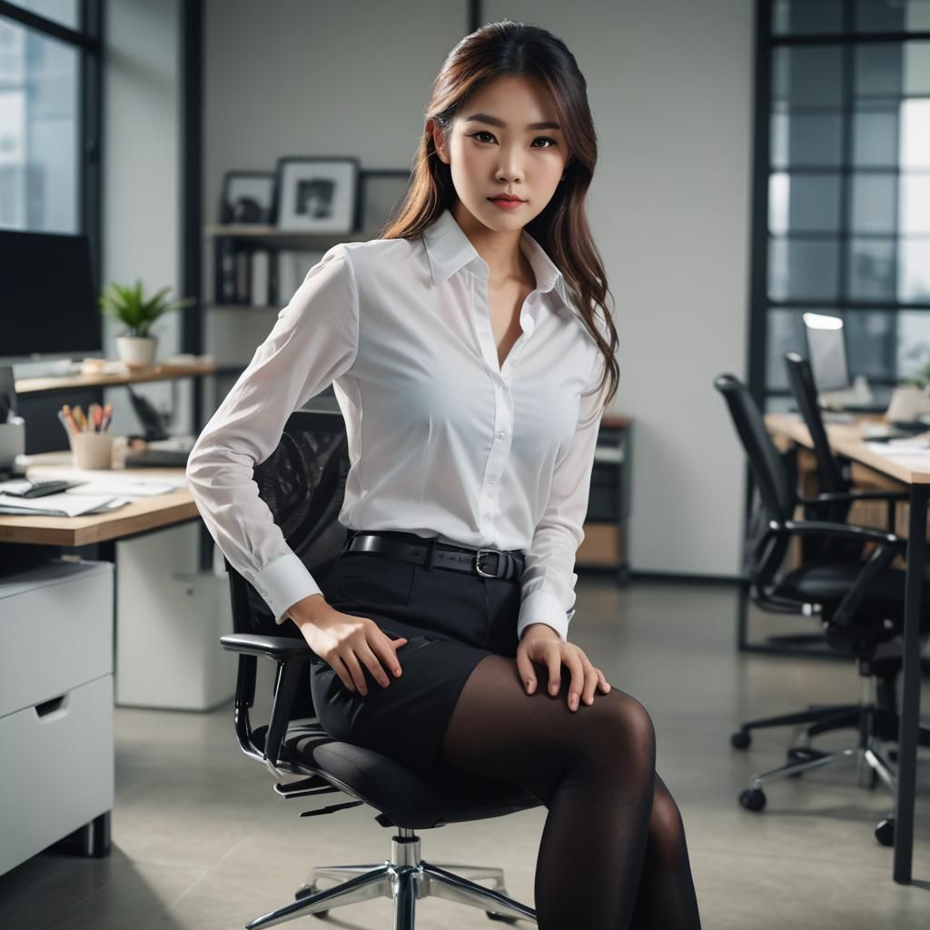 Elegant Asian Woman in Office Chair, Fashion Photography