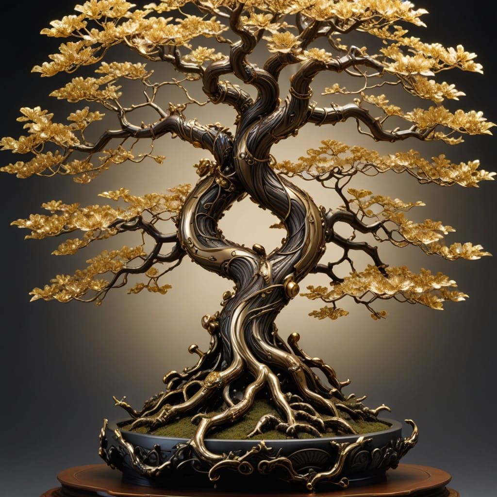 Surreal Golden Sakura Bonsai Tree in Japanese Art Style