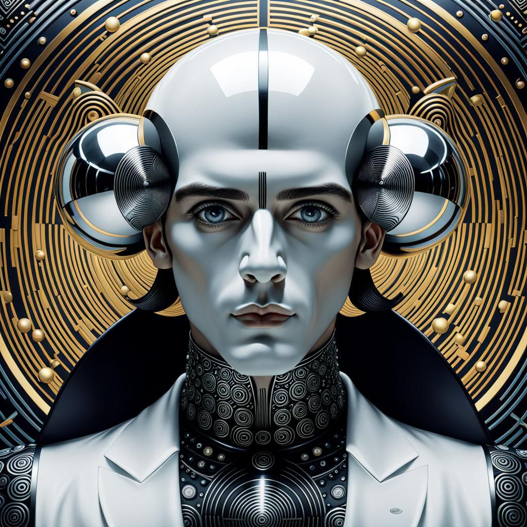 Art Deco Face Surrounded by Op Art Spheres