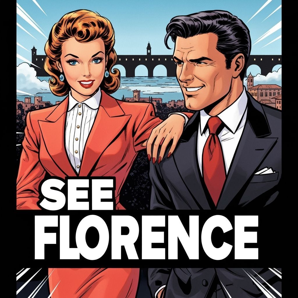 1950s Florence Poster: Fashionable Couple & Ponte Vecchio