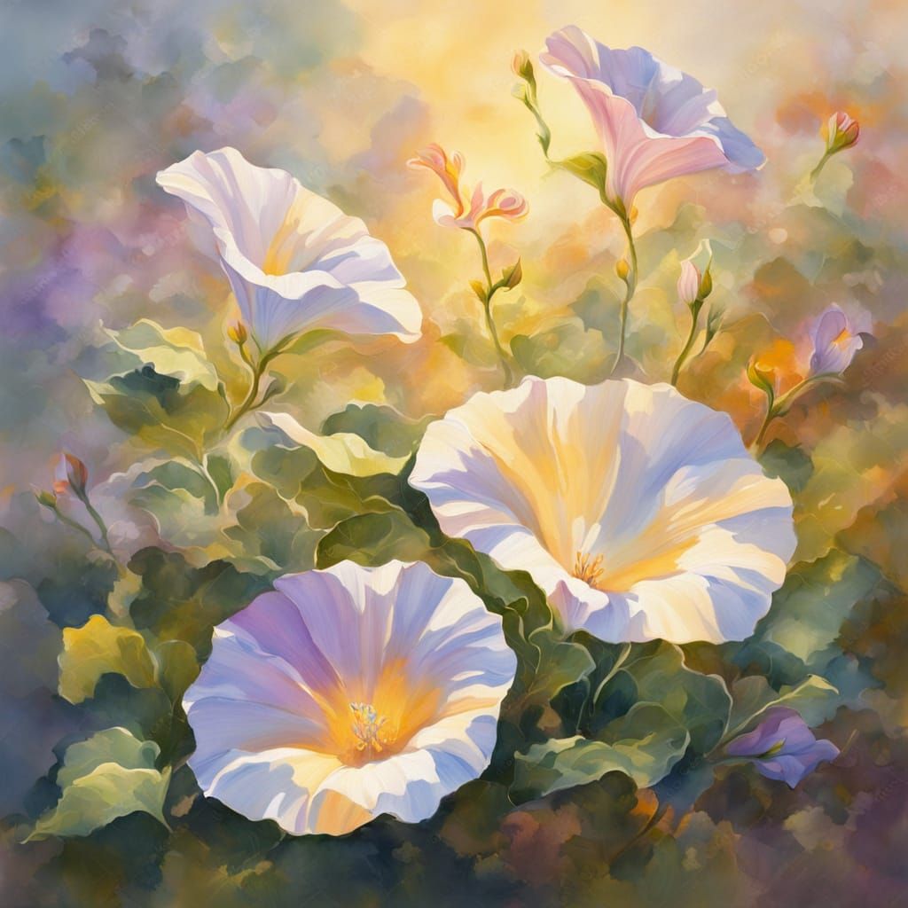 Impressionist Morning Glory Opens in Golden Sunlight