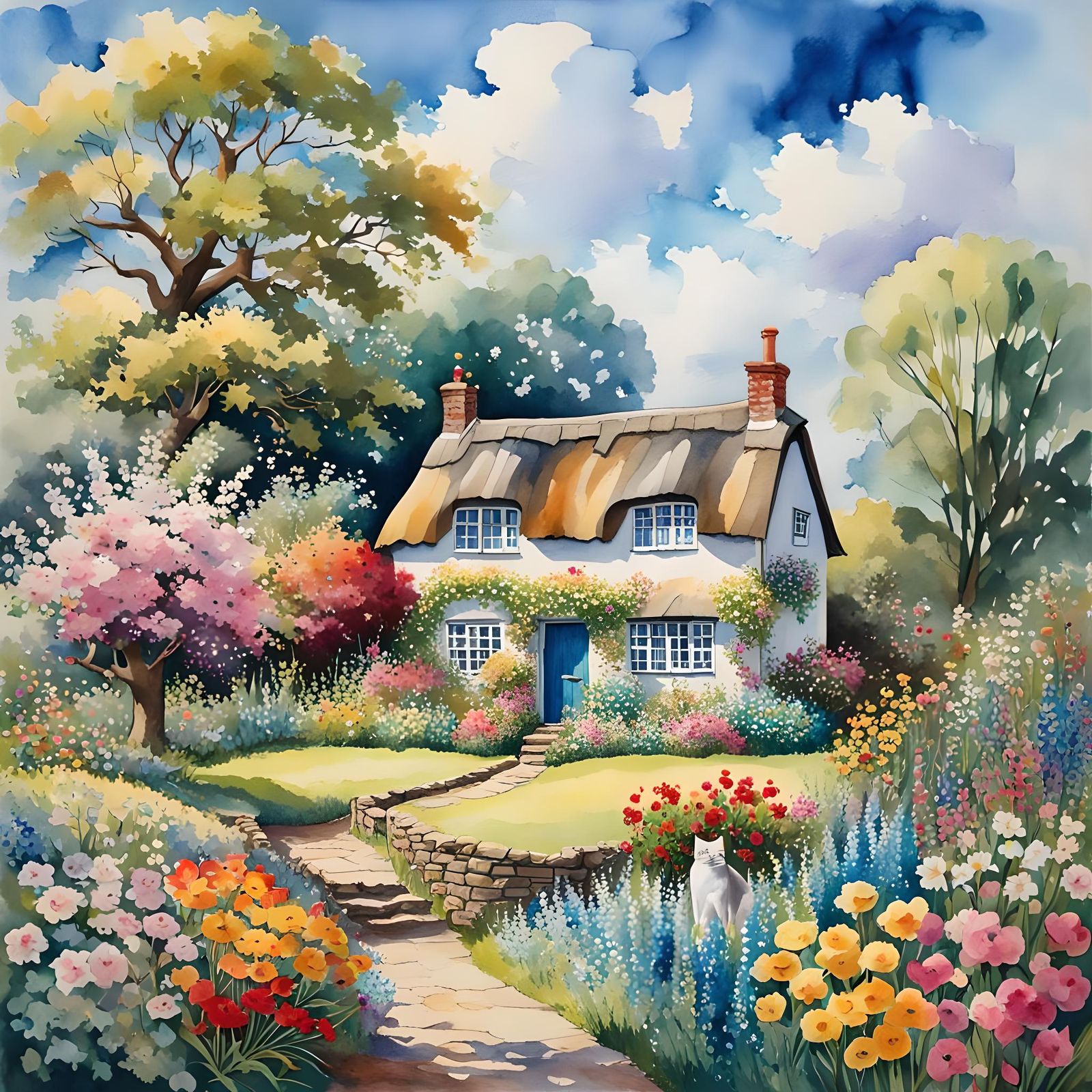 Picturesque Cottage Garden in Watercolour