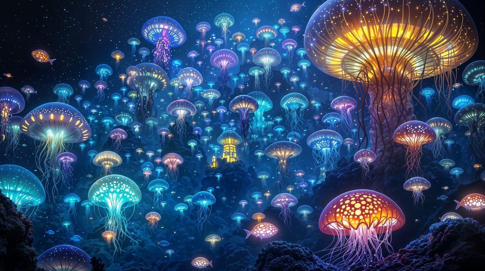 Glowing Jellyfish Metropolis Illuminates the Dark Ocean Dept...