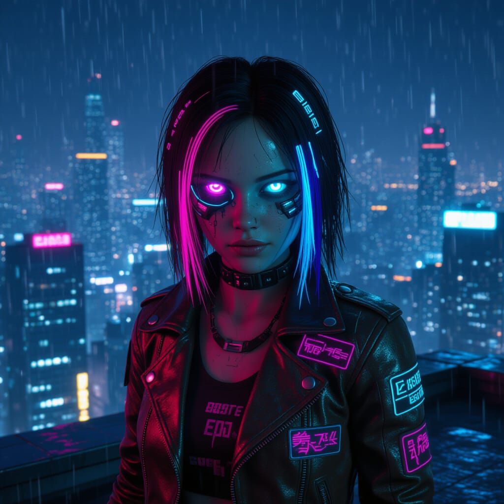 Cyberpunk Girl on Rooftop Overlooking Neon City