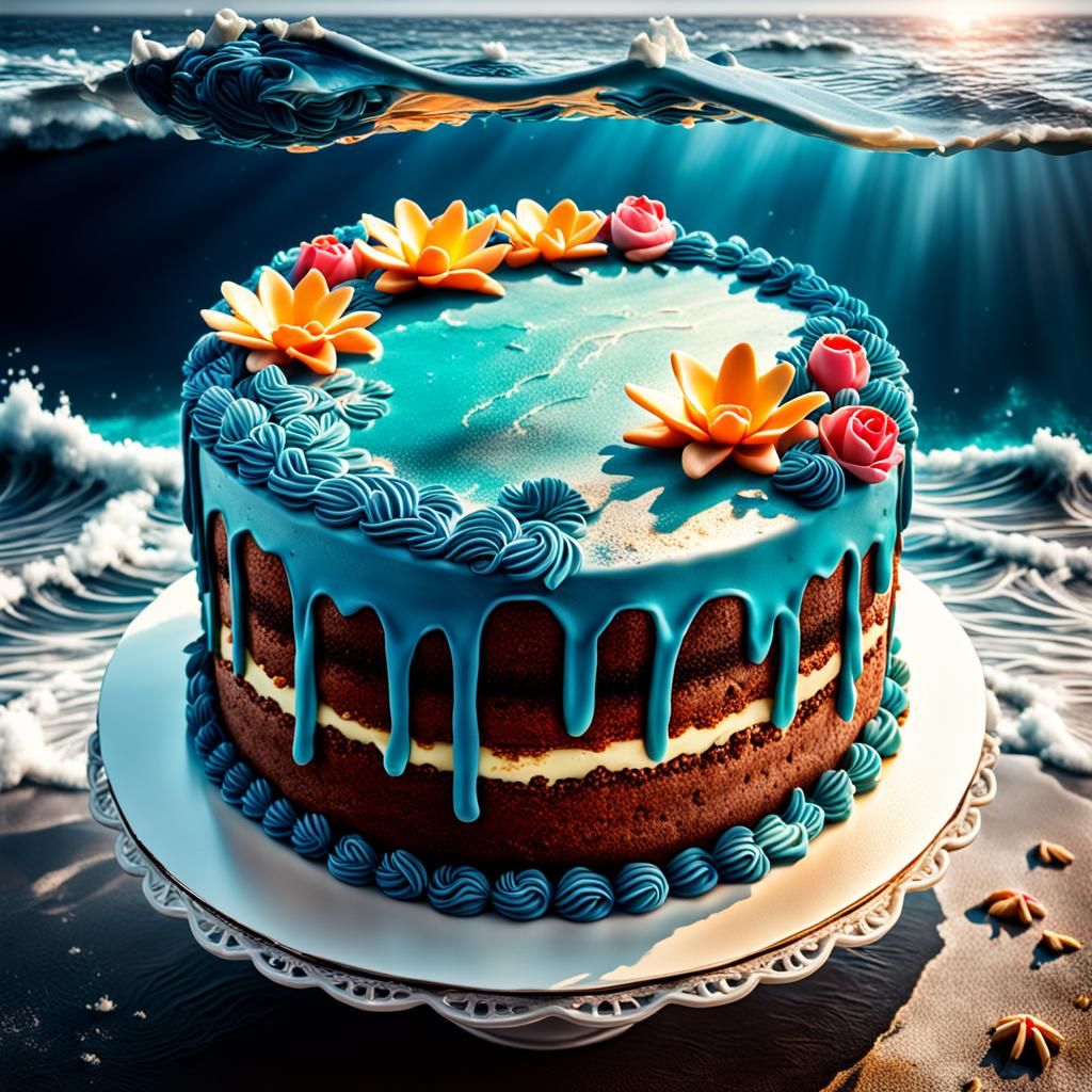 Mother's Day Cake Floating in Ocean: Hyperrealistic