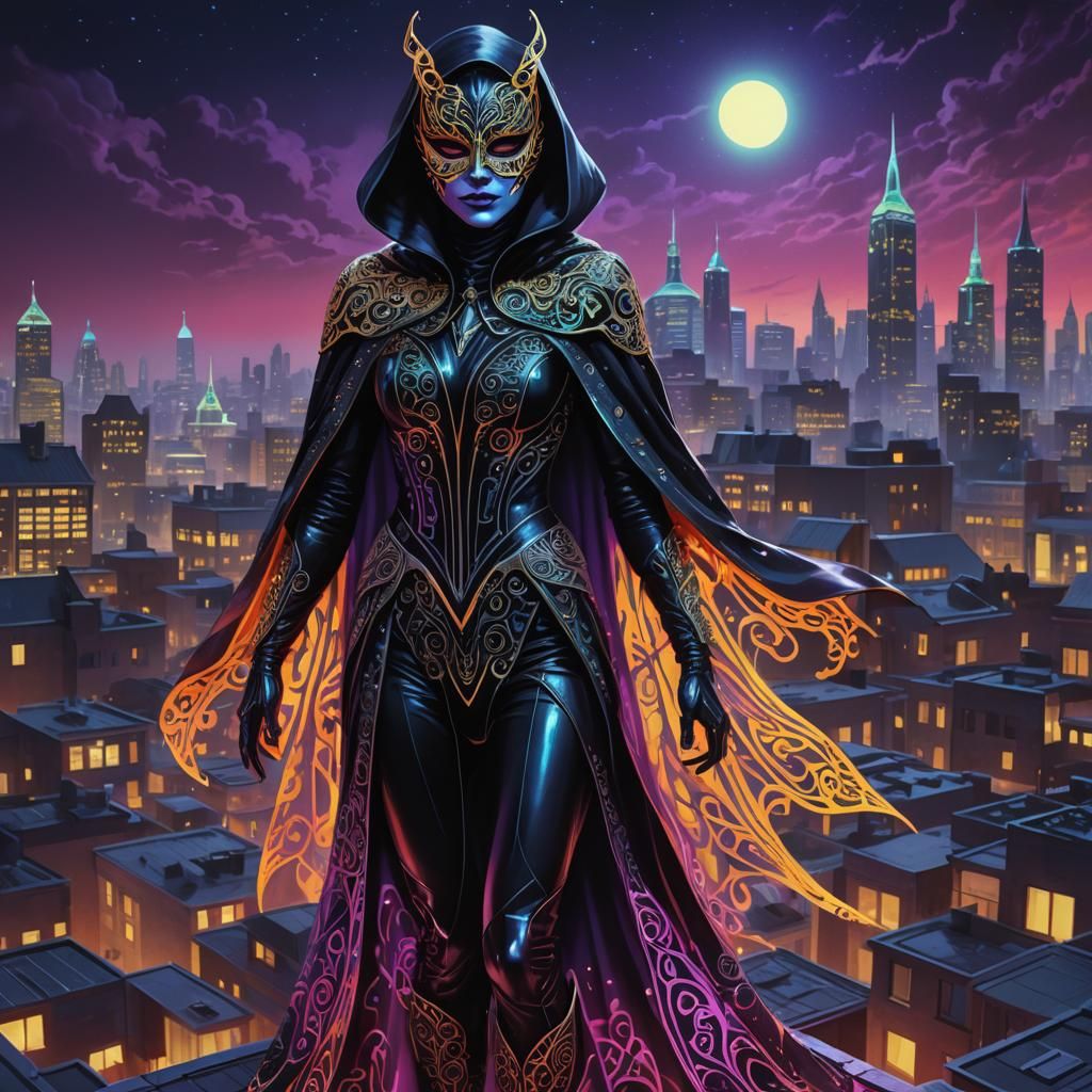 Psychedelic Masked Villain on Rooftop in Neon Colors