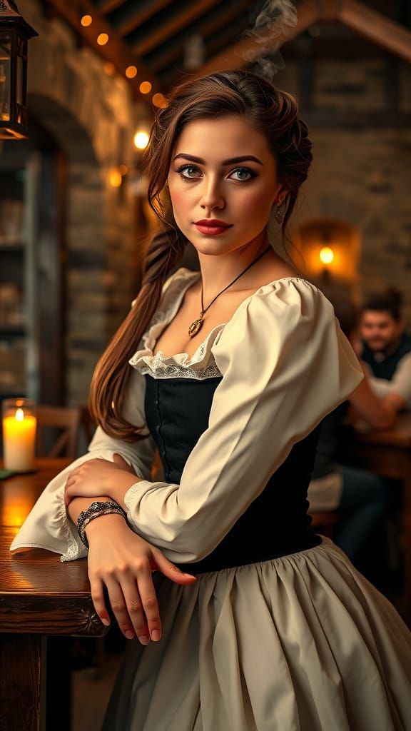Elegant Medieval Woman in Tavern Setting, Photorealistic Por...
