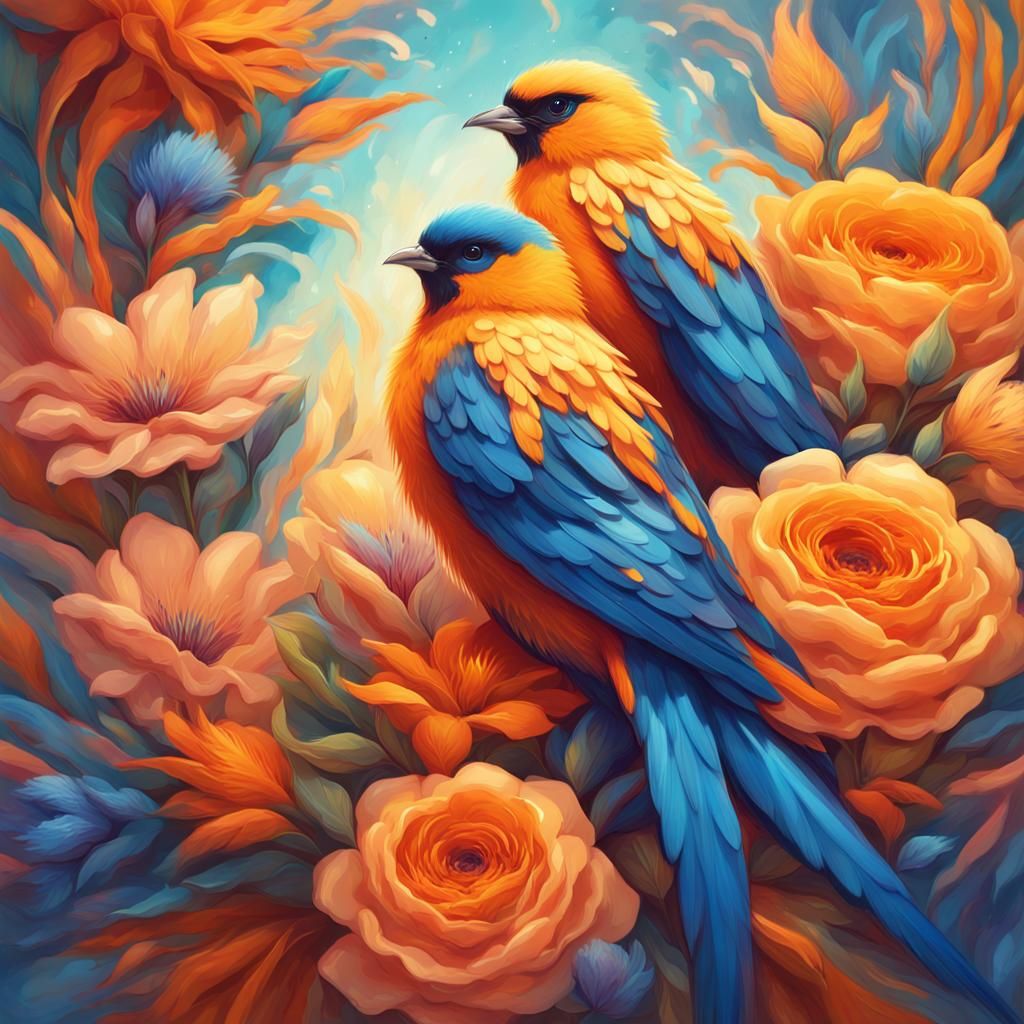 Birds on Flowers in Artgerm-Inspired Digital Painting
