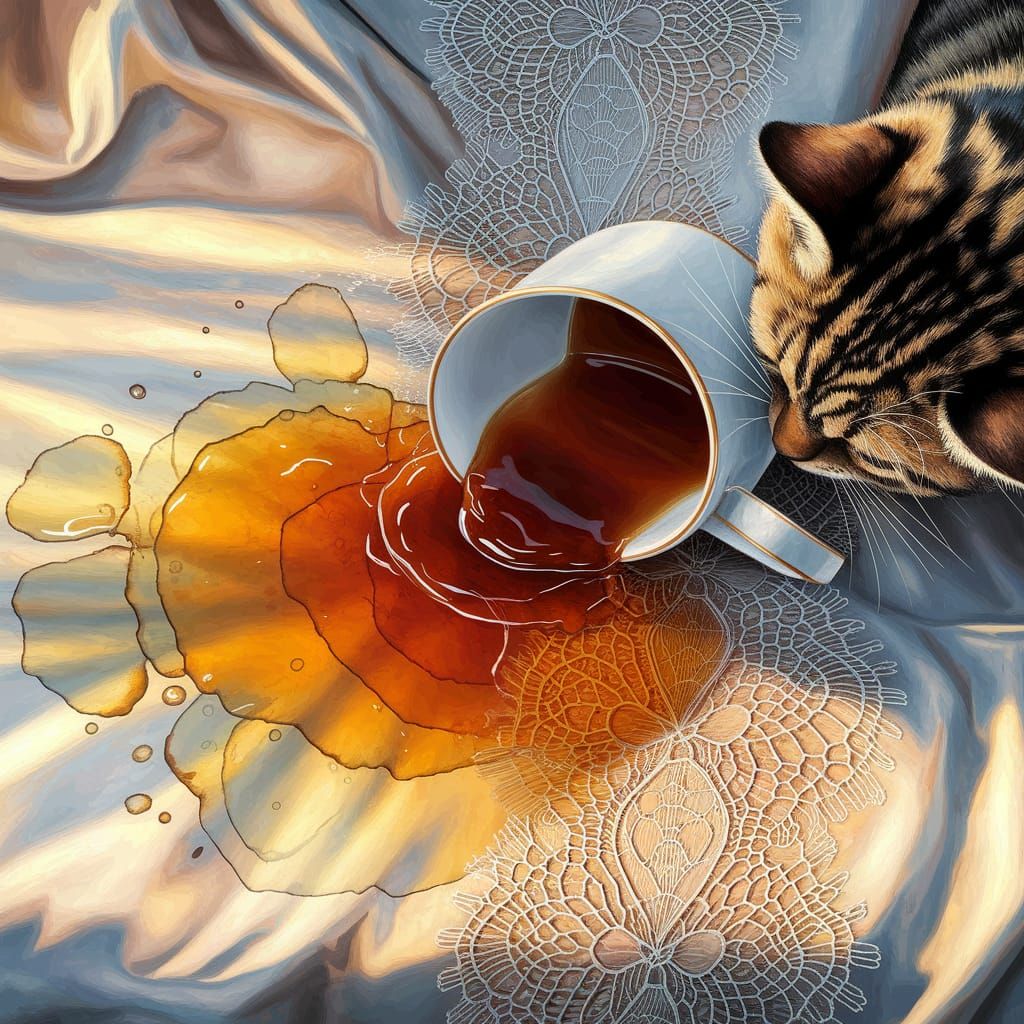 Cat Knocks Tea Cup in Dreamy Gouache Painting