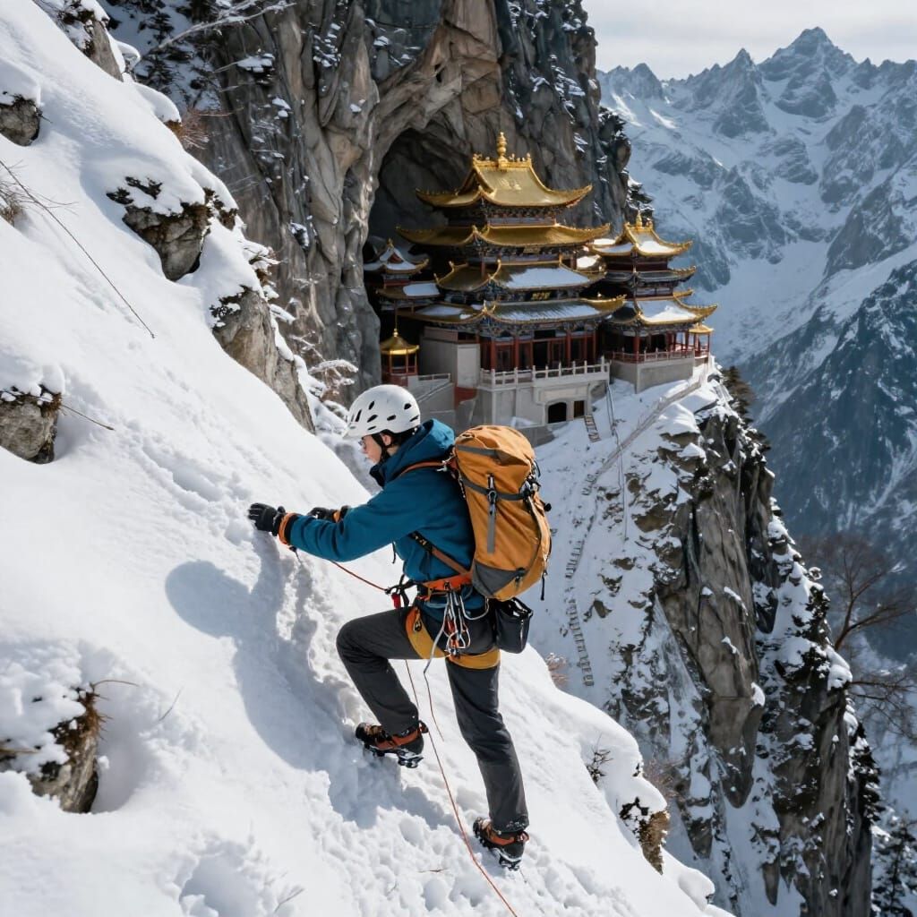 Adventurer Climbs Snowy Mountain Path Towards Ancient Monast...