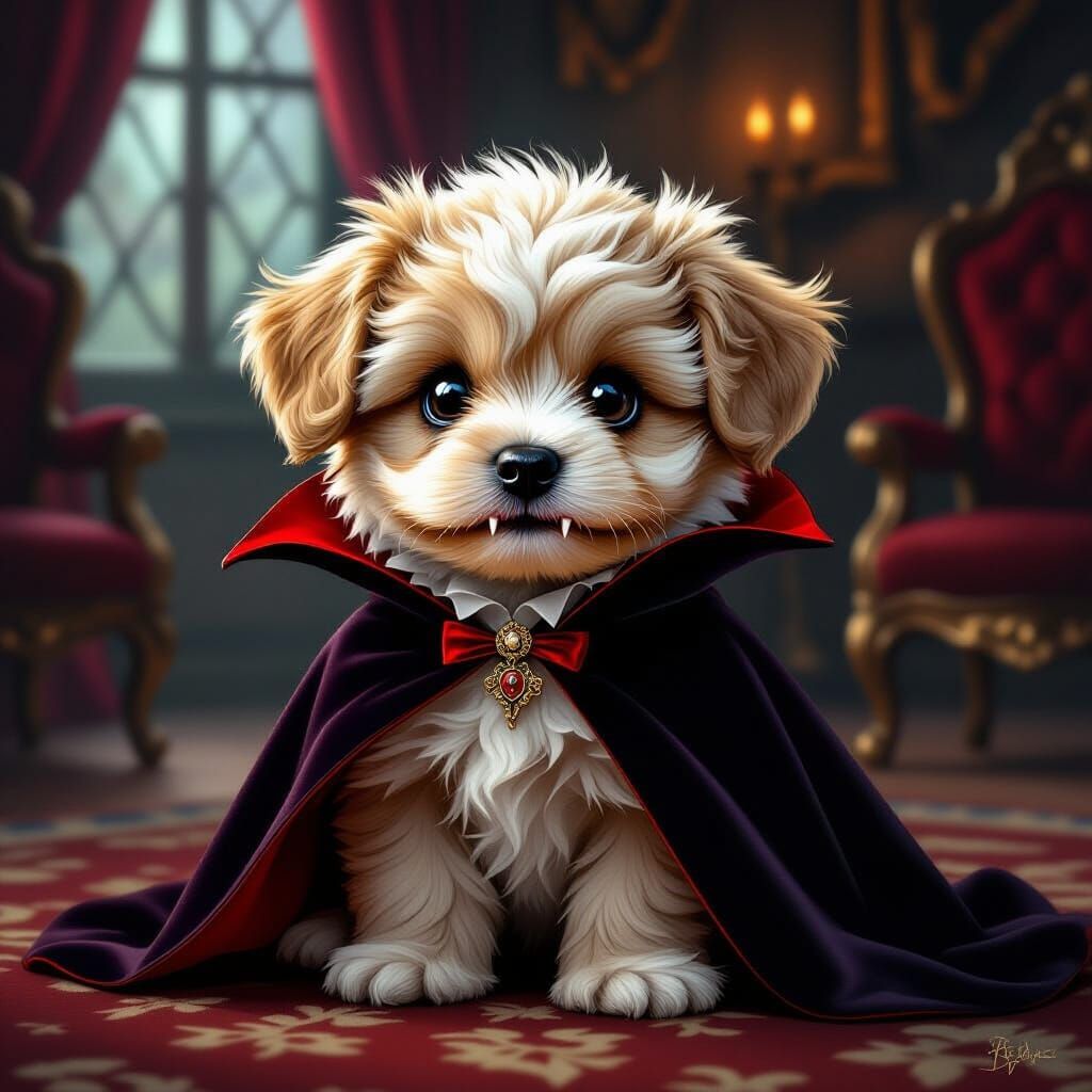 Adorable Vampire Puppy in Gothic Setting