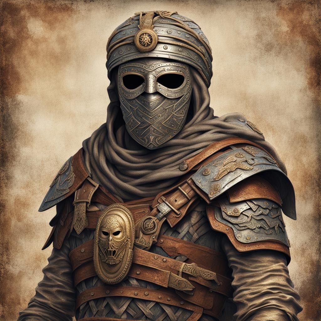 Mummy Warrior in Leather Armor with Greek Mask