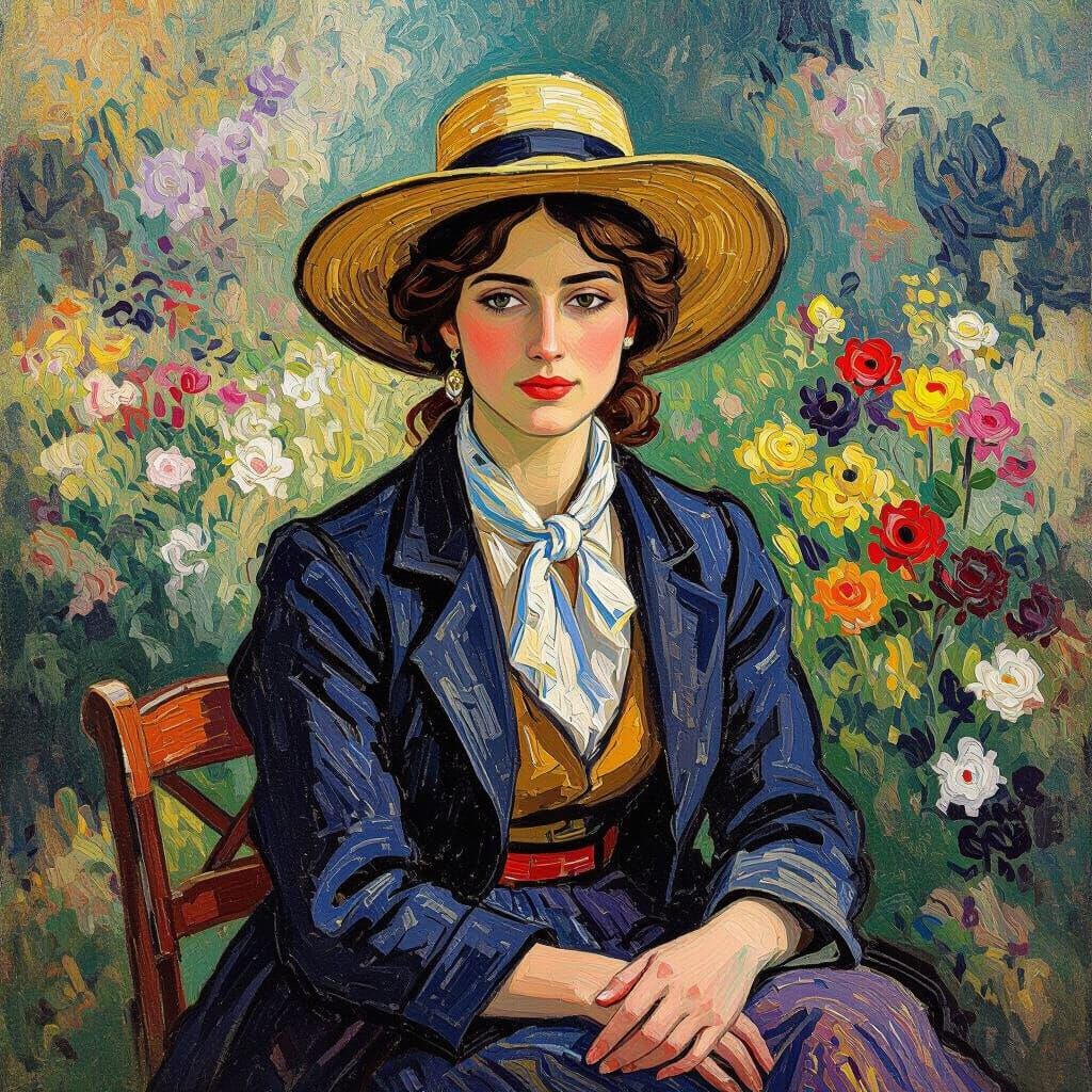 Woman in Garden: Van Gogh-Inspired Impressionistic Portrait