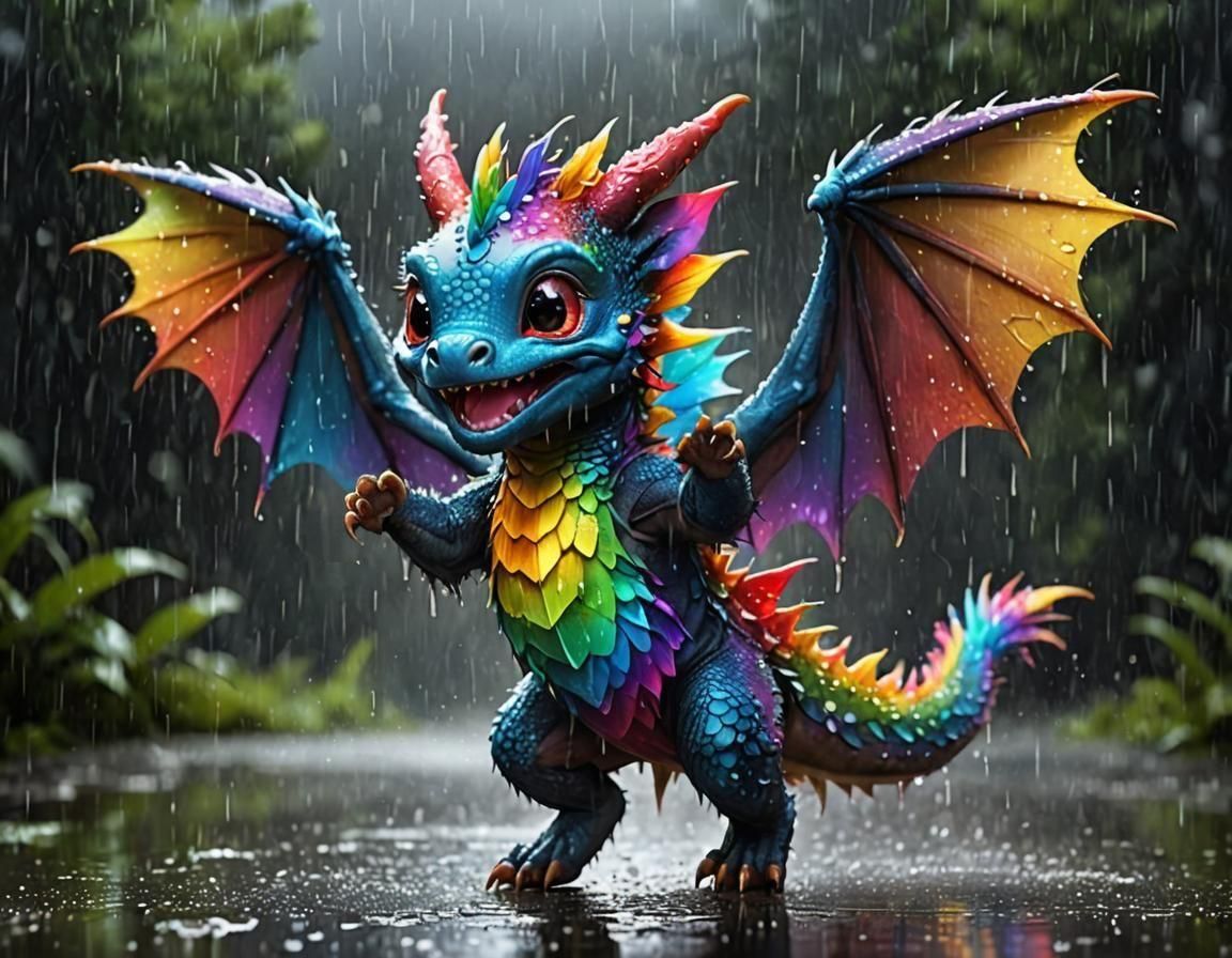 Adorable Rainbow Dragon Dancing in the Rain