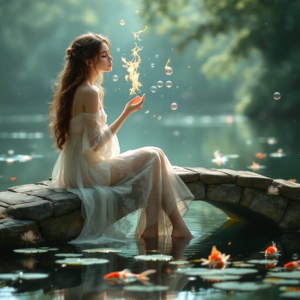 Woman Blowing Flame Bubbles Over Lake: Hyperrealistic Art